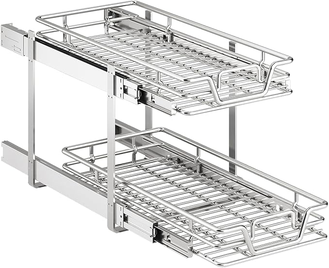 2pαck 2-Tier Kitchen Cabinet Pull Out Shelf and Drawer Organizer Slide Out Pantry Storaqe Basket in Multiple Sizes (2x(12" W x 18" D))