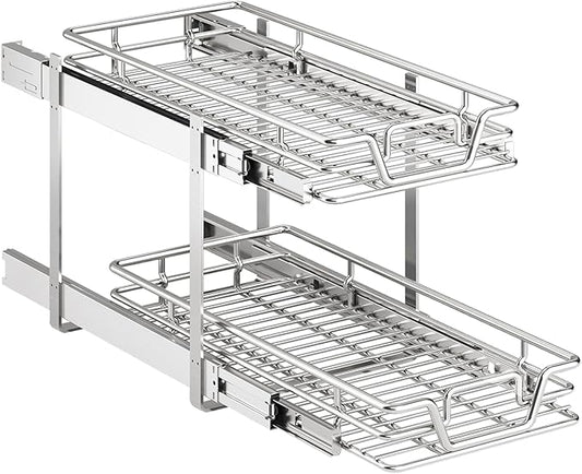 2pαck 2-Tier Kitchen Cabinet Pull Out Shelf and Drawer Organizer Slide Out Pantry Storaqe Basket in Multiple Sizes (2x(12" W x 18" D))