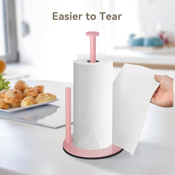 Paper Towel Holder Pink, Paper Towel Holder Countertop with Anti Slip Weighted Base, Stainless Steel Freestanding Paper Towel Holders for Kitchen