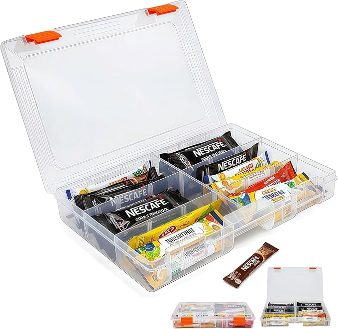 Drink Packet Organizer – Stackable Clear Acrylic Water Flavor Packet Organization with Removable Dividers & Secure Lid for Kitchen, Countertop, Pantry, and Travel (Orange)
