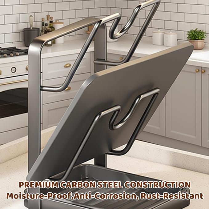 Kitchen Pot Lid Storage Rack, Pot Lid Organizer, Pot Lid Holder U-Groove Carbon Steel With Drip Tray