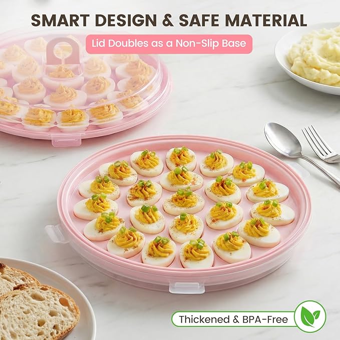 HANSGO Deviled Egg Containers with Lid, Deviled Egg Platter Carrier Holder Trays with 22 Slots for Holiday Party and Home Kitchen, Pink
