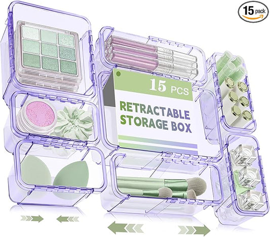 15 Pcs Adjustable Clear Drawer Organizer, All Extendable Vanity Storage Bins, Desk Drawer Organizer Set for Makeup, Cosmetics, Bedroom, and Gadgets, Purple