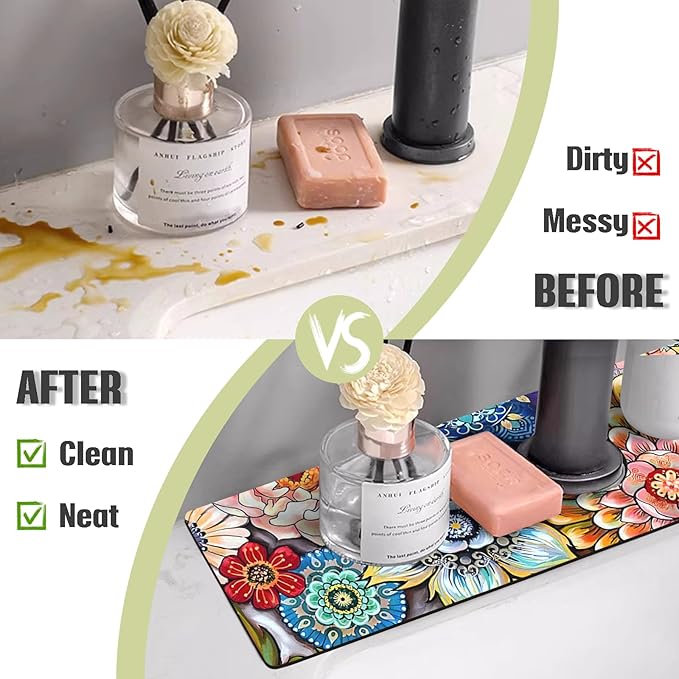 Sink Faucet Absorbing Mat, 2 Pack Drying Mat Around Faucet Sink Splash Guard Behind Faucet Sinkmat For Kitchen Bathroom Island Rv 15 * 5.5 Inch (38 * 14 cm)