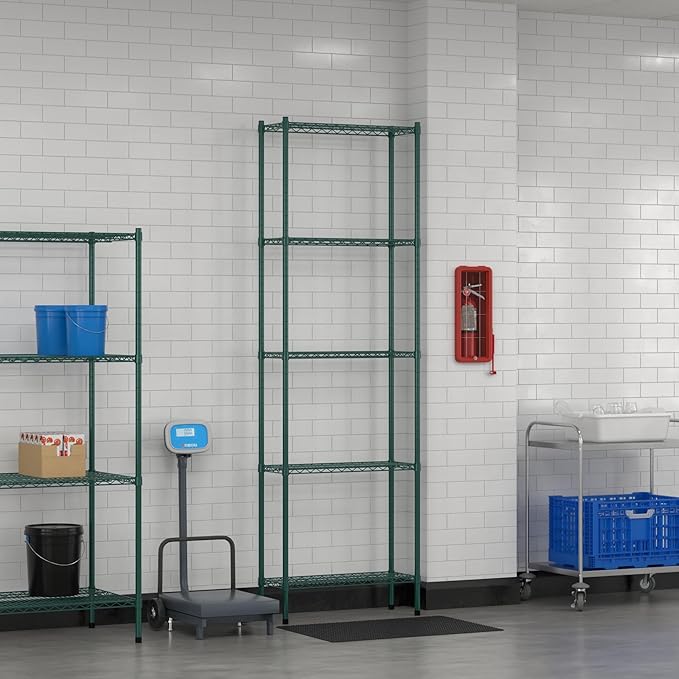 Commercial NSF Listed Green Epoxy Stationary Wire Shelving Kit 12" x 30" x 96", with 5 Shelves Perfect for Warehouse, Walk-in Refrigerator, Freezer, Grocery Store, Restaurant, Dishroom