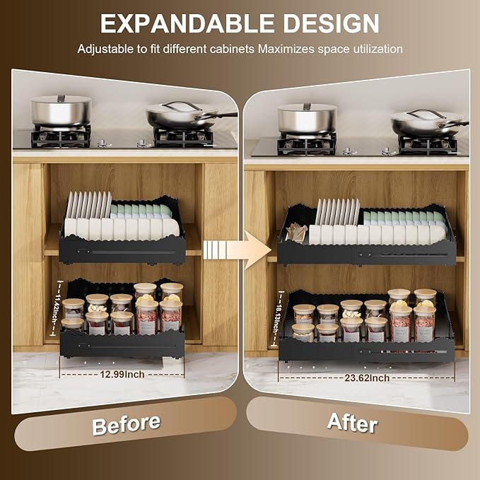 Pull Out Cabinet Organizer 1PCS,4-Way Width (11"-18") and Depth (13"-24") Expandable Pull Out Drawers for Cabinets – One Size Fits Most! No Drill, Heavy-Duty Metal Organizer for Pantry, Kitchen Black