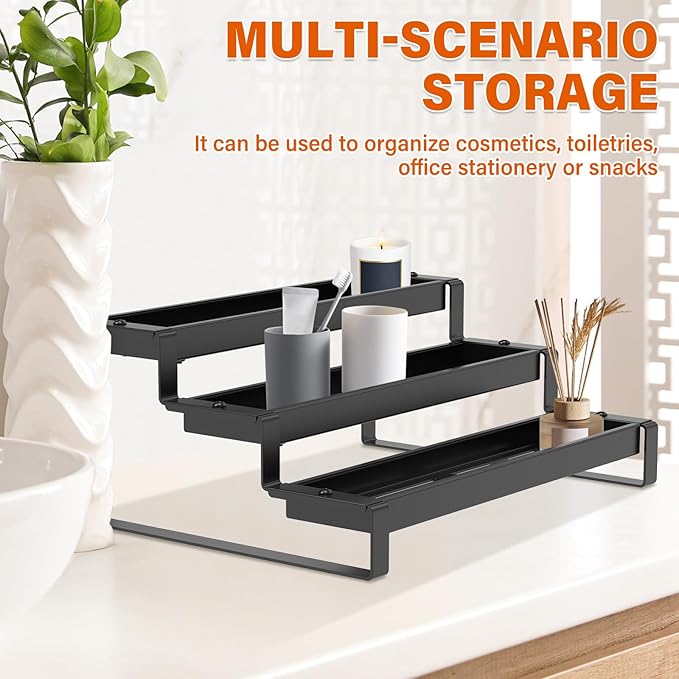 3-Tier Spice Rack Organizer for Cabinet,14.5"-26" Expandable Spice Organize Shelf,Carbon Steel Display Shelf for Jars and Bottles, Seasoning Organizer for Kitchen Pantry Countertop