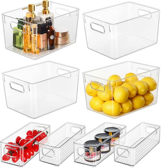 Hudgan 8 Pack Pantry Organizers and Storage, 4 Large Plastic Storage Bins and 4 Small Stackable Clear Containers for Home, Kitchen Cabinet, Freezer, Bathroom Shelf, Office