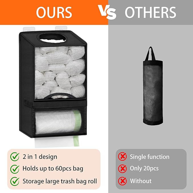 Plastic Bag Holders for Grocery Bags - Large Wall Mount Grocery Bag Holder with Dispenser for Kitchen, Oxford Cloth 2-in-1 Space-saving Plastic Bags Organizer, Black