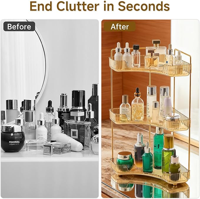 3-Tier Corner Bathroom Counter Organizer, Plastic Countertop Makeup Organizer, Large Capacity Vanity Bathroom Perfume Shelf Rack for Kitchen Office Desktop (Amber)