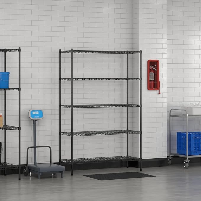 Commercial NSF Listed Black Epoxy Stationary Wire Shelving Kit 18" x 48" x 74", with 5 Shelves Perfect for Warehouse, Walk-in Refrigerator, Freezer, Grocery Store, Restaurant, Dishroom