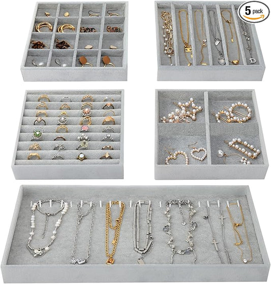 Fixwal Jewelry Organizers and Storage, 14in Stackable Jewelry Drawer Organizer, Set of 5 Jewelry Trays with Removable Dividers, Multi-Layer Tray for Earrings Necklaces Bracelets Watches, Grey