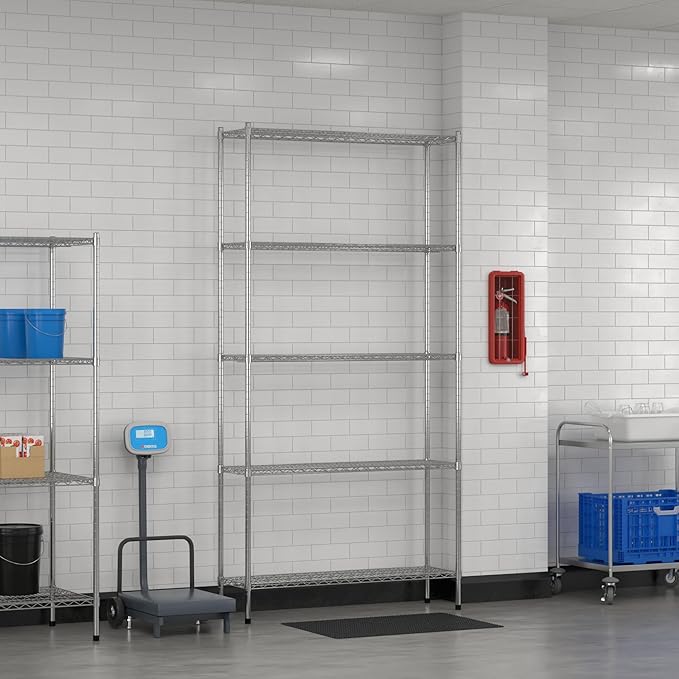 Commercial NSF Listed Chrome Stationary Wire Shelving Kit 14" x 48" x 96", with 5 Shelves Perfect for Warehouse, Walk-in Refrigerator, Freezer, Grocery Store, Restaurant, Dishroom