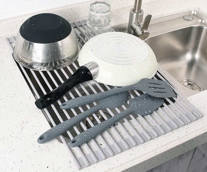 Surpahs Roll-Up Dish Drying Rack, Warm Gray, 20.5" x 13.1", Fits Sinks up to 19.5" Wide, Silicone-Coated Stainless Steel