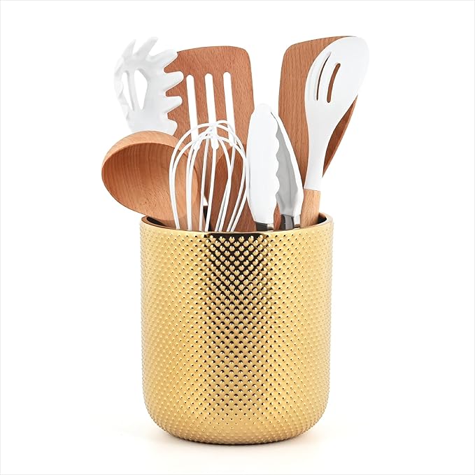 Ceramic Utensil Holder for Kitchen Counter, Gold Utensil Holder for Countertop, 5.1 W x 6.6 H inches