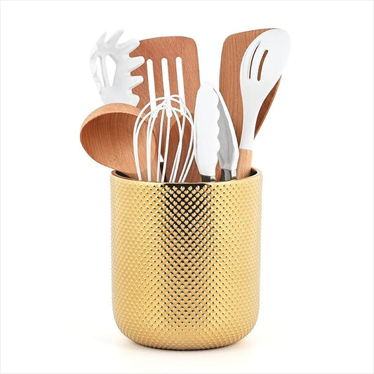 Ceramic Utensil Holder for Kitchen Counter, Gold Utensil Holder for Countertop, 5.1 W x 6.6 H inches