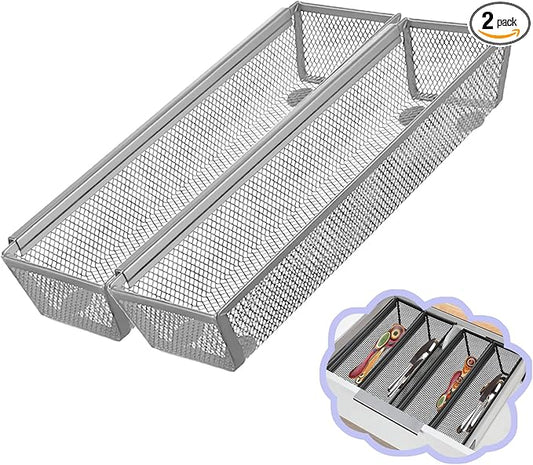 2PCS Drawer Organizer for Kitchen,Utensil Mesh Drawer Organizer with Interlocking Arm for Cosmetic,Flatware,Pen (12 * 3 * 2 Inches,Grey)
