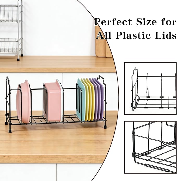 Lid Organizer, Lid Organizer for Plastic Lids, 13.6×8.5×7.1 Inches, Large Capacity Adjustable with 4 Removable Dividers, Black for Kitchen Cabinets, Drawers