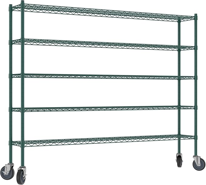 Commercial NSF Listed Green Epoxy Mobile Wire Shelving Kit 12" x 72" x 60", with 5 Shelves Perfect for Warehouse, Walk-in Refrigerator, Freezer, Grocery Store, Restaurant, Dishroom