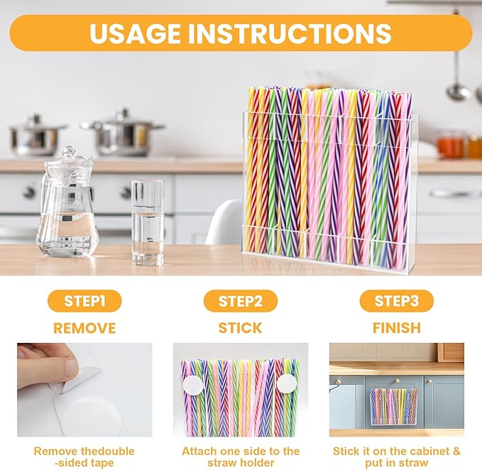 Acrylic Straw Holder for Cabinet Door - Clear Magnetic Straws Storage Container with Adhesive & Stickers, Reusable Straws Dispenser, Space-Saving Straw Organizer for Kitchen