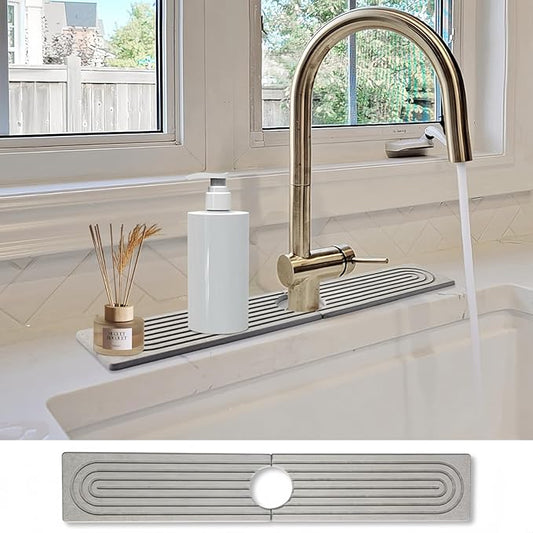 Stone Faucet Mat for Kitchen Sink- 15.6''x 3.9''Diatomite Fast-Drying Faucet Mat, Super Water Absorbing Stone Tray for Sink,Faucet Splash Guard for Bathroom Counter (Gray)