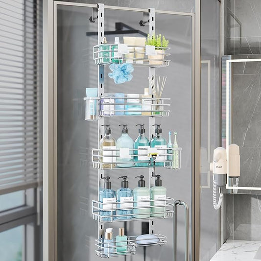 Consumest Over The Door Shower Caddy - 5 Tier Adjustable Shower Organizer Hanging with 2 Toothbrush Holders & 4 Hooks, Rustproof Organizer Shelf, Storage Rack for Bathroom, Silver
