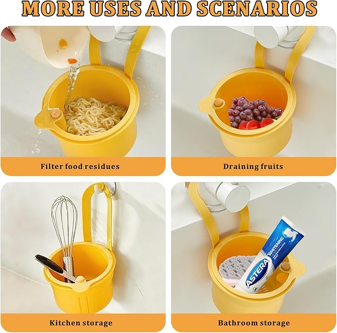 Sink Strainer Basket with One-Touch Drain Mesh, Snap-On Strap & Detachable Design – Kitchen Sink Food Scrap Filtering Storage Organizer (Yellow)
