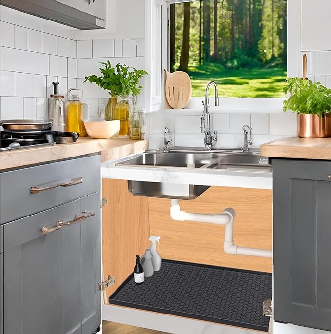 Jacooxi Under Sink Mat 31 x 19, Silicone Under Sink Liner for Kitchen Waterproof Bathroom Cabinet Mat, Black