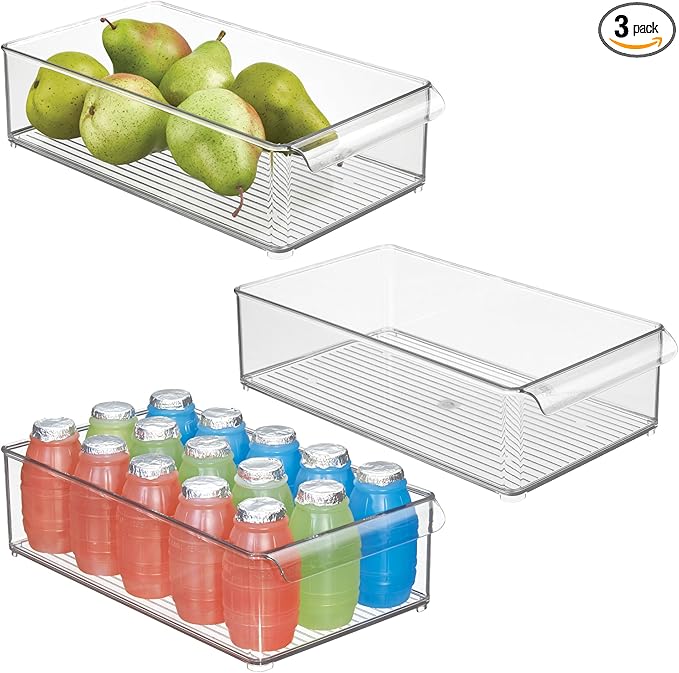 iDesign Large Stackable Fridge or Freezer Bin with Front Handle - Set of 3 - Clear - Made in USA