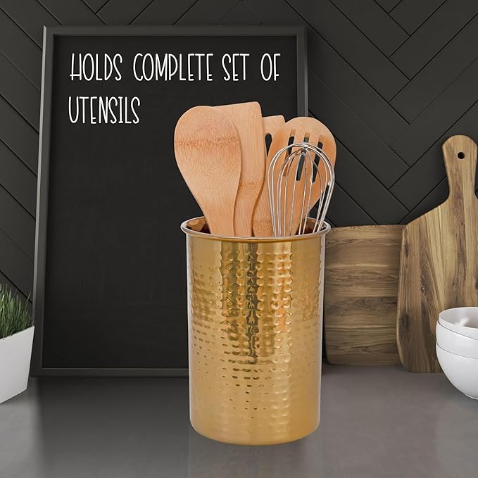 Darware Hammered Gold Kitchen Utensil Holder / 7-Inch Tool Caddy, Store All Your Wooden Spoons, Spatulas, & More
