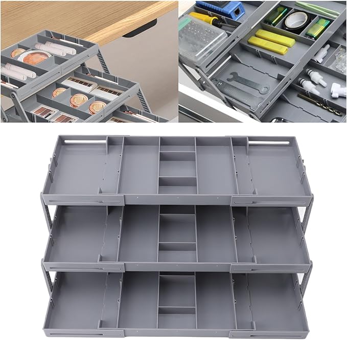 Drawer Organizer, Expandable Foldable Versatile Bathroom and Vanity Desk Drawer Organizer Trays, Plastic Storage for Makeup, Bedroom, Jewelry, Kitchen Utensils and Office (3