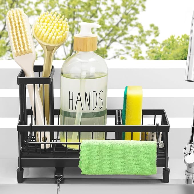 Sponge Holder for Kitchen Sink with Tall Brush Holder and Dishcloth Rack, Rustproof Stainless Steel Sink Caddy, Kitchen Countertop Organizers and Soap Dispenser.