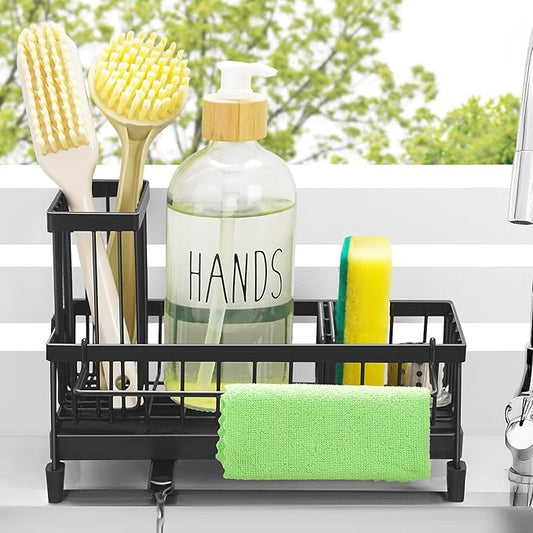 Sponge Holder for Kitchen Sink with Tall Brush Holder and Dishcloth Rack, Rustproof Stainless Steel Sink Caddy, Kitchen Countertop Organizers and Soap Dispenser.