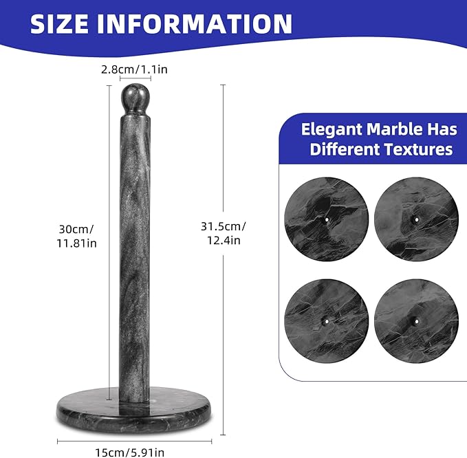 Handmade Marble Paper Towel Holder - 12" Upright Paper Roll Dispenser with Heavy Non-Slip Base for Easy One-Handed Tear - Ideal for Kitchen Countertops, Cabinets, and Bathrooms