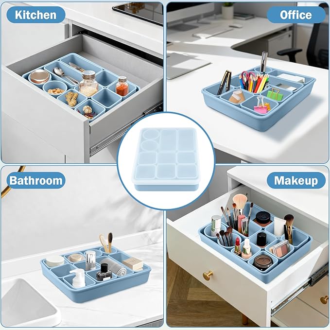Silicone Makeup Organizer Drawer Set with Clear Lid - Stackable Vanity & Bathroom Drawer Organizer, Adjustable Compartment Desk Drawer Organizer for Cosmetics, Toiletries, Office Supplies