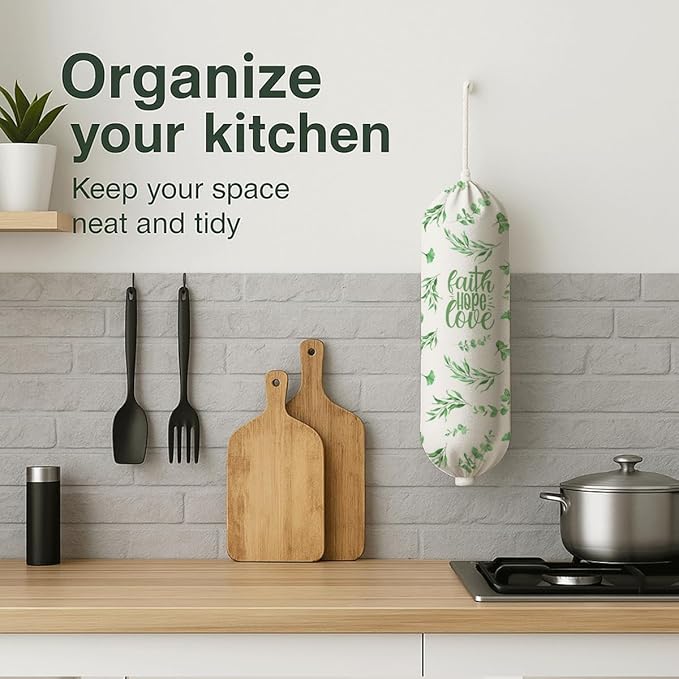 Plastic Bag Holder, Faith Hope Love Plastic Bag Holder for Kitchen Essentials, Leaf Trash Sack Storage Dispenser for Home Decor, Kitchen Gifts to Women Family Friends Grandma Mom