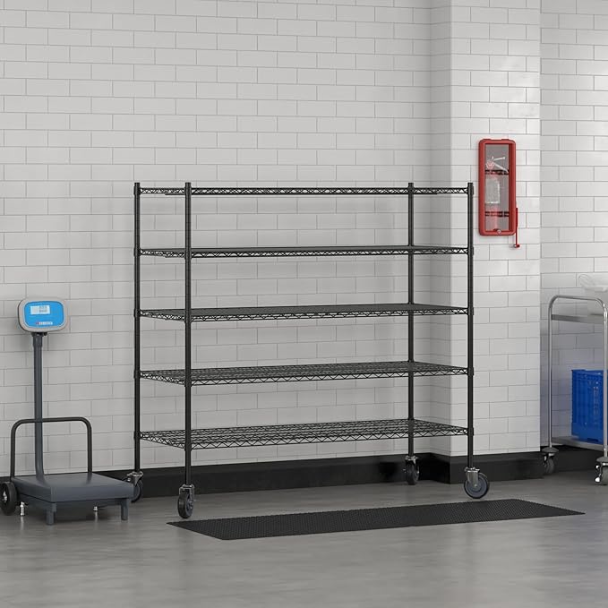 Commercial NSF Listed Black Epoxy Mobile Wire Shelving Kit 24" x 60" x 60", with 5 Shelves Perfect for Warehouse, Walk-in Refrigerator, Freezer, Grocery Store, Restaurant, Dishroom