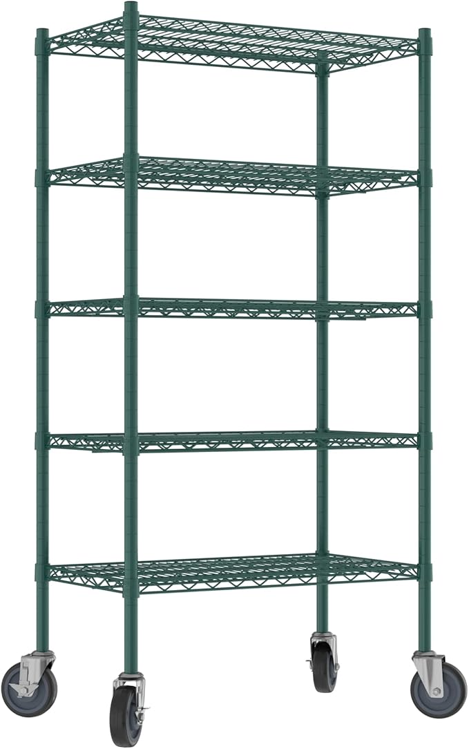 Commercial NSF Listed Green Epoxy Mobile Wire Shelving Kit 18" x 30" x 60", with 5 Shelves Perfect for Warehouse, Walk-in Refrigerator, Freezer, Grocery Store, Restaurant, Dishroom