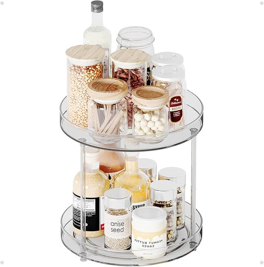 2 Tier Lazy Susan 9 Inch, Turntable Round Plastic Clear Acrylic Organizer Organiztion Storage Container Bins, Rotating Spice Rack, Closet