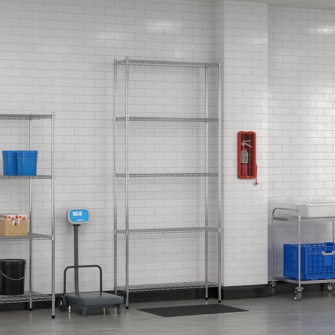 Commercial NSF Listed Chrome Stationary Wire Shelving Kit 12" x 42" x 96", with 5 Shelves Perfect for Warehouse, Walk-in Refrigerator, Freezer, Grocery Store, Restaurant, Dishroom