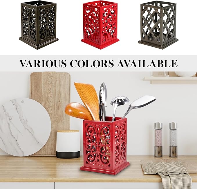 jogreful Utensil Holder, Cast Iron Kitchen Utensil Crock for Countertop, Extra Large Utensil Organizer with Weighted-Base, Housewarming Vintage Decor, Classic Style, Red