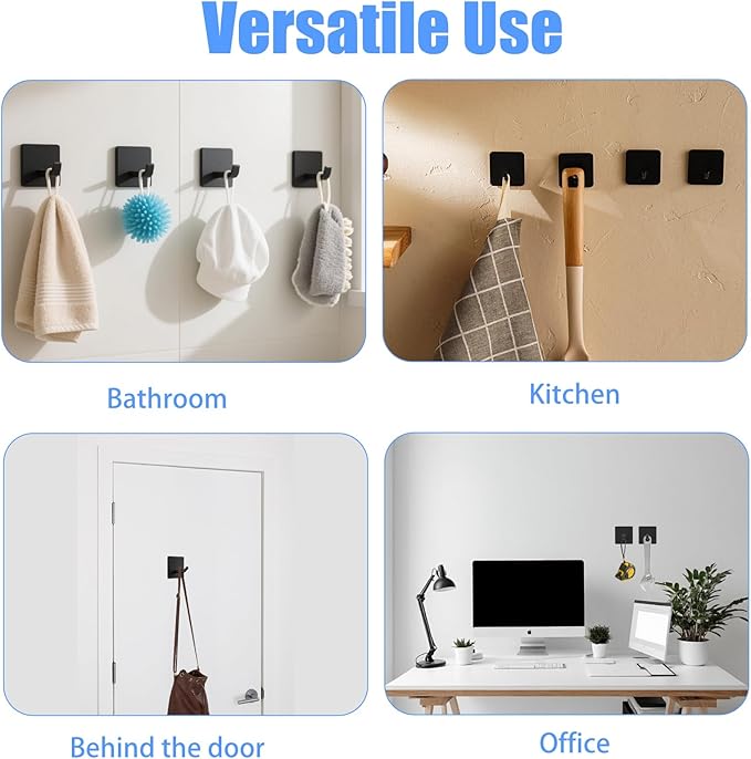 30 Pack Adhesive Towel Hooks – Heavy Duty Stainless Steel Stick-On Wall Hooks for Bathroom, Kitchen, Shower – No Drill, Rustproof, Matte Black (1.77” x 1.77” x 1.46”)