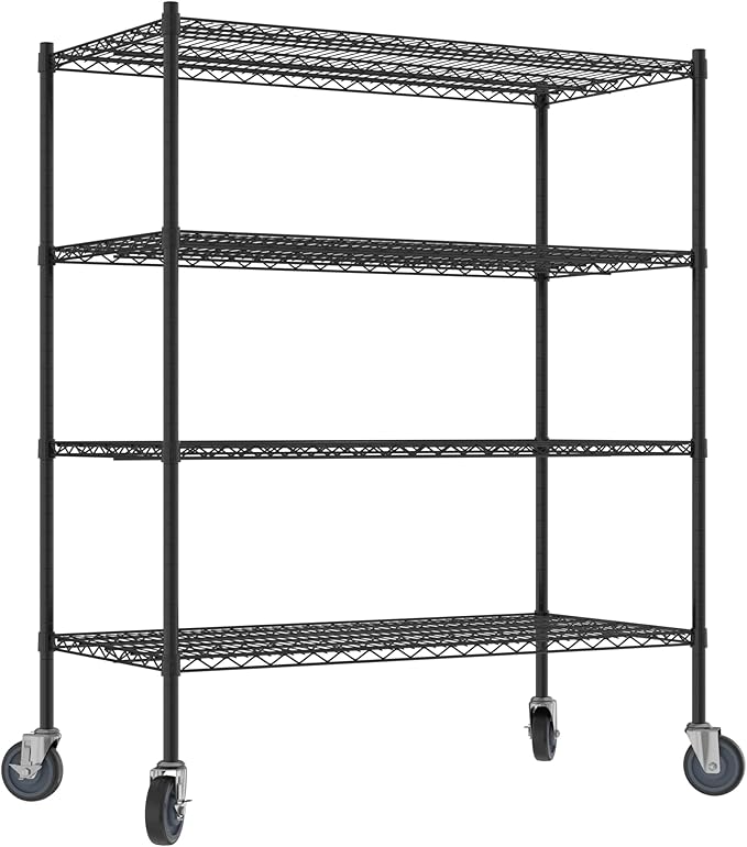 Commercial NSF Listed Black Epoxy Mobile Wire Shelving Kit 24" x 48" x 60", with 4 Shelves Perfect for Warehouse, Walk-in Refrigerator, Freezer, Grocery Store, Restaurant, Dishroom