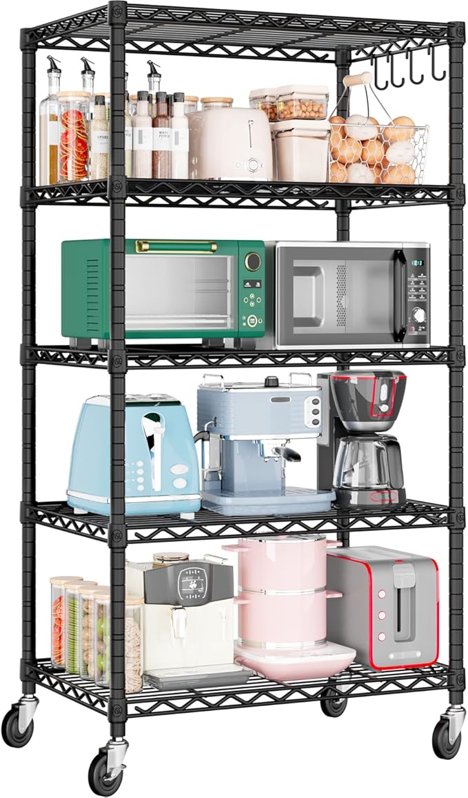 PrimeZone Wire Shelving Unit with Wheels, 5 Tier Adjustable NSF Certified Heavy Duty Metal Storage Shelves, Pantry Organizer Shelf Rolling Bakers Rack for Closet Garage, 24" W x 18" D x 75" H, Black