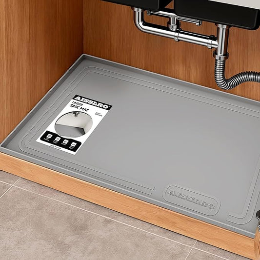 Aisslro Under Sink Mat 28" X 19", Waterproof Silicone Under Sink Mats for Kitchen, Anti-Leak Shelf Liner & Cabinet Protector with Raised Edge, [BPA Free] Bathroom Tray Home Organizer, Grey