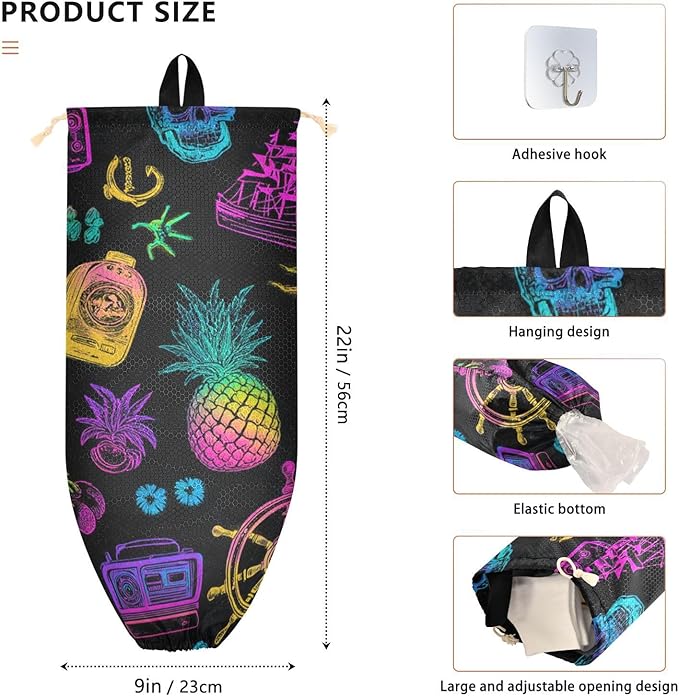 Plastic Bag Holder Wall Mount Grocery Bag Shopping Bag Storage Holder Organizer Dispenser with Adhesive Hook,for Kitchen Bathroom Home Decor 9x22 Inches Neon Ships Pineapple Skull Black27