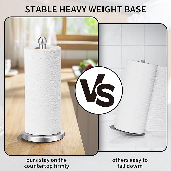 Paper Towel Holder Countertop, Paper Towel Holder with Solid Weighted Base, for Standard and Large Size Rolls (Silver)