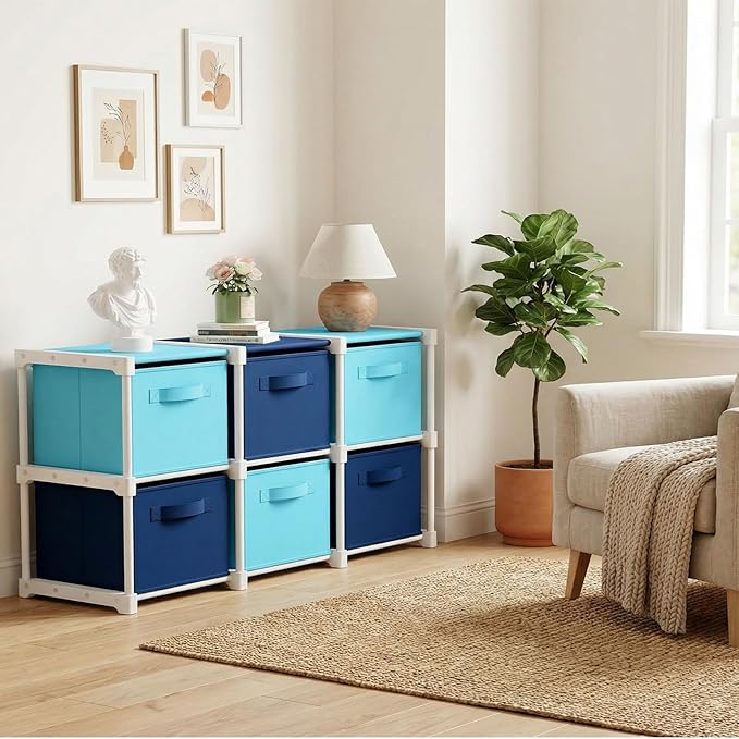 Thyle Large Cube Storage Organizer Shelf with 6 Bins 14 Inch Fabric Collapsible Cubby Storage Drawers Shelving Unit for Christmas Ornaments Clothes Toys Craft(Dark Blue,Light Blue,Colorful)