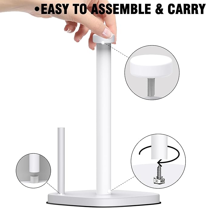 Paper Towel Holder Countertop, Standing Paper Towel Roll Holder for Kitchen Bathroom Organize, Stand with Weighted Base Suction Cups, Stainless Steel One-Handed Operation (White)