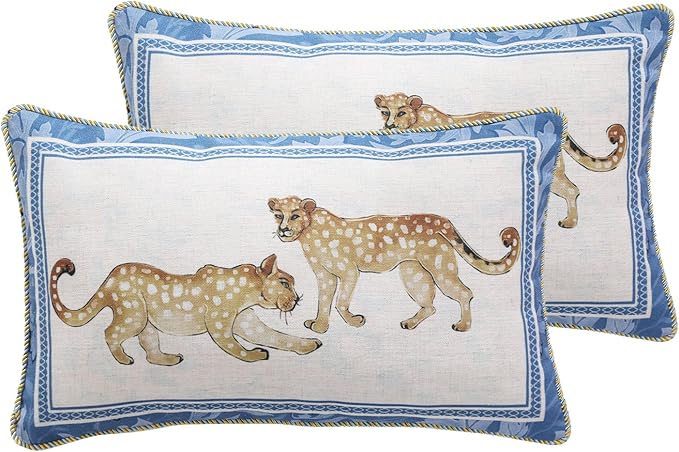 patdrea Designer Throw Pillow Covers for Couch 12"x20",Vintage Linen Pillows Cover with Cheetah Pattern and Luxury Ruffle,Farmhouse Decorative Pillowcases for Bed Living Room Outdoor Set of 2